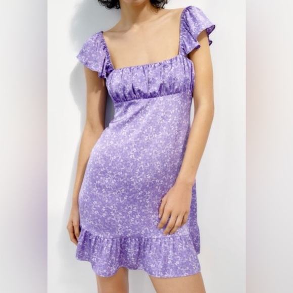 Zara Dresses & Skirts - Zara Purple Lilac Floral Mini Dress Ruffle Cottagecore Milkmaid Coquette Small